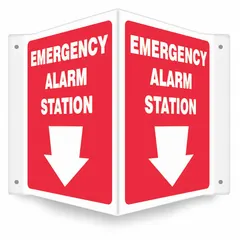 PETG safety sign with V-Shape Projection design for identifying emergency alarm stations. Nominal size 12 in x 14 in, 0.06 in thick, with mounting holes for wall installation. Not retroreflective or glow-in-the-dark. Suitable for industrial facilities, plants, warehouses, and commercial buildings.