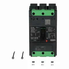 Three-pole molded case circuit breaker rated 100 A with a maximum interrupting rating of 100kA at 120/240V AC. Features fixed instantaneous trip, Everlink Lug terminals on both line and load sides, and ABC phase connection. Suitable for overcurrent protection in commercial and industrial electrical distribution panels where high fault currents are present.