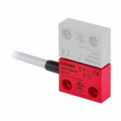 DC safety-interlock switch with 3 normally open contacts and integrated LED indicating light. Features a 16.4 ft cable with bare-wire termination. Used for safety interlocking on industrial machinery, such as guarding doors or access panels.