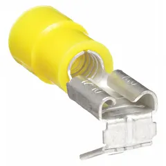 This partially insulated piggyback disconnect features a yellow nylon insulator with partial coverage and a 0.25 in x 0.032 in tab. The socket/tab configuration enables daisy-chaining multiple connections for quick wire termination in control panels, appliances, and industrial equipment.
