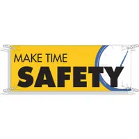 This polyethylene safety banner is printed on one side and rated for indoor and outdoor use. With a nominal size of 48 inches by 120 inches, it is suitable for displaying safety messages in industrial facilities such as warehouses, factories, and construction sites