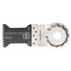 Starlock mounted blade for precision cutting in wood. Bi-metal construction. Overall length 3 13/16 in. Suitable for flush cuts and detailed trim work in carpentry and renovation.