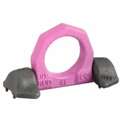 This weld-on hoist ring provides a permanent lifting point with 180° pivot and full rotation. Made of steel with a pink finish, it has a working load limit of 8,820 lb. Used in overhead lifting and load securement for heavy machinery and material handling.