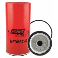 Spin-on fuel filter with cellulose media and O-ring seal. Outside diameter 4 7/16 in, thread size 1"-14. Used in diesel engine fuel systems for buses and construction equipment