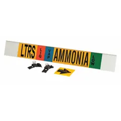 Ammonia fiberglass carrier mounted with strapping pipe marker for liquid/vapor phase at low pressure. Fits pipe outer diameter 8 inches and larger. Includes directional arrows. Complies with IIAR labeling standards for ammonia piping identification.