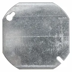 Steel blank cover designed for octagon-shaped electrical boxes. Overall length of 4 1/16 inches. Seals unused openings in junction box installations to protect wiring and meet code requirements.