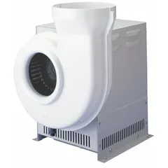 Direct drive fume hood blower for laboratory exhaust systems. 115V, 1,800 RPM motor with variable speed control. 10 3/8 in round inlet, round outlet. High-efficiency motor with flow-through vent holes and louvres for air circulation. Designed for outdoor installation.