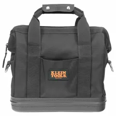 This nylon wide-mouth tool bag is constructed from black Cordura fabric. It measures 15 inches wide by 8 inches deep by 13 inches high and features 10 total pockets, including 8 inside pockets. The wide-mouth opening provides easy access to tools and meters, making it suitable for carrying and organizing hand tools and small parts on job sites.