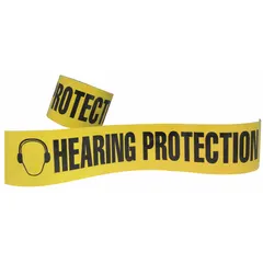 Vinyl floor marking tape with black 'Hearing Protection' legend on yellow background. 5.5 mil thickness, 3 in width, 54 ft length. Used to designate areas requiring hearing protection in industrial facilities.