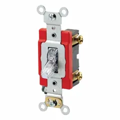 Single-pole maintained toggle wall switch rated 120V AC and 20 A. Non-illuminated with a clear finish. Suitable for general-purpose on/off control of lighting or resistive loads in commercial and industrial buildings.