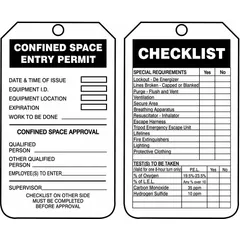 White single-part tag for documenting confined space entry permit dates, times, and checklist items. #7 size, legend on one side only. Pack of 25, fastener not included. English text.