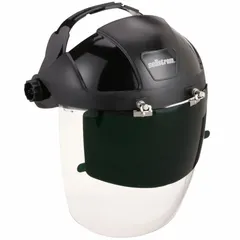 This SELLSTROM face shield features a clear, anti-fog, reusable polycarbonate visor with a flip-down shade for welding applications. Visor height is 9 inches and width is 12 1/8 inches. Black headgear is included. Suitable for protecting the face and eyes during welding, grinding, and metalworking tasks.