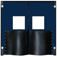 Insulated swinging door with two 5 ft wide by 7 ft high doors in textured polyethylene finish. Includes polycarbonate window, door seals, bumpers, and mounting hardware. NSF certified for use in commercial kitchens, cold storage, and food processing areas where thermal separation and sanitation are required.