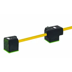Double-valve DIN Form A solenoid connector cordset with two female right-angle connectors and bare wire terminations. Features a 3 m PUR yellow cable, 18 AWG wire size, and 150 mm DIN connector spacing. Rated IP67 for dust and water ingress protection. Used to connect solenoid valves in industrial automation and process control systems.