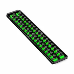 Socket bit tray with 34 posts/slots for storing and organizing sockets. Includes 192 I.D. stickers for labeling. Overall width of 3 5/8 inches. Suitable for use in workshops or tool storage areas to keep socket sets sorted and accessible.