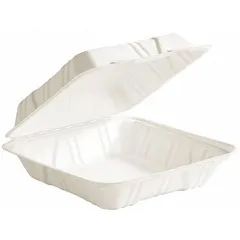 White square molded fiber container with hinged lid, microwave safe. Suitable for carry-out food service in cafeterias, break rooms, and catering operations. Pack of 200.