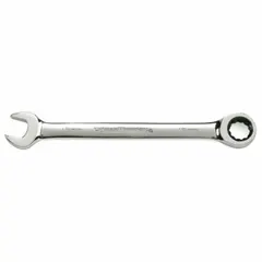 SAE 12-point ratcheting combination wrench with a 1-5/8 in head size. Made of alloy steel with a chrome finish. The ratcheting box end allows fastener engagement without repositioning, suitable for tightening and loosening fasteners in mechanical assembly and maintenance tasks.