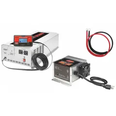 This multi-unit inverter with battery charger converts 10.5 to 15V DC input to 120V AC modified sine wave output, delivering 5000 W peak power. The integrated charger accepts 105 to 130V AC input and outputs 13.2V to 14.4V for battery maintenance. Suitable for off-grid, mobile, and backup power applications requiring AC power from a DC source.