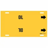 Yellow strap-on pipe marker with black 'Oil' legend and directional arrows. Fits pipe outer diameters of 10 to 15 inches. Used to identify oil-carrying pipes in industrial facilities