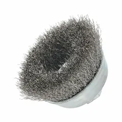Crimped stainless steel wire cup brush for light cleaning, surface preparation, and finishing on stainless steel. Removes rust, scale, and oxidation without contaminating the workpiece. Suitable for weld cleaning and deburring in metal fabrication and maintenance. Arbor hole 5/8"-11.