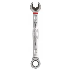 This metric spline ratcheting combination wrench features a reversing mechanism for efficient tightening and loosening of fasteners without removing the tool. Made of alloy steel with a nickel chrome finish, it has a 17 mm head size and an overall length of 8 1/8 inches. Suitable for use in confined spaces where continuous rotation is limited.