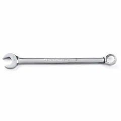 This SAE 12-point combination wrench features a 1-7/16 in head size and an offset design for accessing recessed fasteners. Constructed from alloy steel with a full polish chrome finish, it is suited for tightening or loosening bolts in mechanical assembly and maintenance tasks.