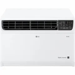 This LG window air conditioner is a cooling-only unit delivering 14,000 BtuH at 115V AC with a NEMA 5-15P plug. It features a CEER rating of 14.7 and built-in Wi-Fi for remote control. Suitable for residential spaces such as large bedrooms, living rooms, or home offices.