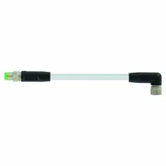 Double-ended cordset with M8 male straight connector on one end and M8 female right-angle connector on the other. Features 3 pins, 24 AWG wire, 3 m cable length, and gray PVC jacket. Rated IP68 for use in industrial environments requiring reliable signal or power transmission in flexing applications.
