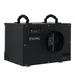 Industrial portable dehumidifier using R-32 refrigerant with a 10.5 oz charge. Includes air filter and drain hose. Designed for moisture control in construction, restoration, and large commercial spaces.
