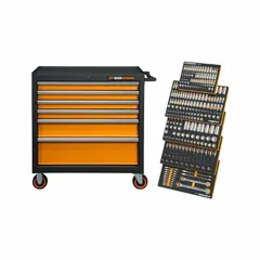 This 358-piece metric mechanics hand tool set is organized in modular foam trays for secure storage and quick identification. The set includes a rolling tool cabinet for mobility and is suited for general maintenance, repair, and assembly tasks in automotive, industrial, and facility settings.