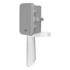 Wall-mount outdoor sensor with plastic housing, measuring temperature via 600 ohm thermistor and relative humidity. Provides dual output signals (0 to 10VDC and 4 to 20mA) with temperature accuracy ±0.54°F and humidity accuracy ±3% of full scale. Includes cable gland and screw terminals; compatible with BACnet IP protocols. Used for monitoring outdoor air conditions in HVAC and environmental control systems.