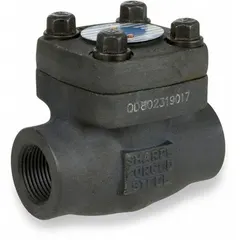 This SHARPE swing check valve features a 2-way inline body made of carbon steel with a 1 1/4 in pipe size and FNPSM x FNPSM connections. The metal seat material provides shutoff against reverse flow. Used in piping systems to prevent backflow and protect downstream equipment.