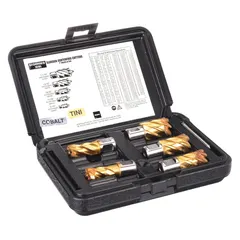 This annular cutter set includes five cobalt cutters with a TiN coating and a Weldon Flat shank. Each cutter has a 1-1/16 in diameter and a 1 in maximum cutting depth. A pilot pin is included. Typical applications include cutting clean, accurate holes in metal using a magnetic drill press.