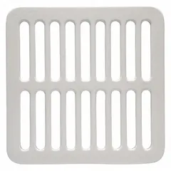 Cast iron floor sink grate with gray enamel finish and slotted surface for drainage. Drop-in connection type. Overall width 7-1/2 inches, height 1-1/4 inches. Used in floor sinks to collect debris while allowing water flow.