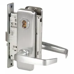 This BEST storeroom lever lockset features a satin chromium-plated stainless steel finish and a 40H escutcheon style. It is ADA compliant with an interchangeable core and ANSI F07 function, allowing free egress from inside while locking from outside. Suitable for commercial doors requiring secure access control.