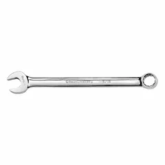 This SAE 12-point combination wrench features a 1-5/16 in head size with both open and box ends for versatility on hex fasteners. Constructed from alloy steel with a full polish chrome finish, it is suitable for tightening and loosening bolts in automotive repair, industrial maintenance, and mechanical assembly. The offset design provides clearance in confined spaces.
