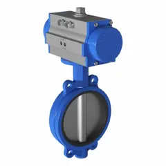 This ductile iron butterfly valve is pneumatically actuated for general-service flow control. It operates in an air-to-air configuration and is suited for HVAC, wastewater, and water media applications. The valve does not include a pilot solenoid voltage.