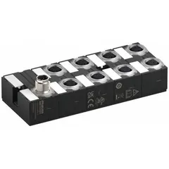 This High-Power Class B IO-Link hub features 16 digital inputs and 8 output ports with 5-pole A-coded M12 female connectors. It operates at 24V DC with COM3 transmission rate of 230.4 kbit/s and is protected to IP68. Used in industrial automation to connect sensors and actuators to an IO-Link master for machine control and monitoring in harsh environments.