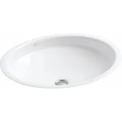 White cast iron undermount bathroom sink with zero faucet holes, designed for installation beneath a countertop. Includes hardware kit. Overall dimensions: 19-1/2 in length, 16-1/8 in width. Suitable for residential or commercial washrooms, typically paired with a wall-mount or countertop faucet.