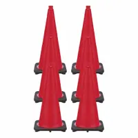 This 28-inch red PVC traffic cone features a 7 lb black base and a blank legend, making it suitable for temporary hazard marking in roadway work zones, parking lots, and pedestrian areas. It includes six cone chain connectors for linking multiple cones. The non-reflective design is intended for daytime or well-lit environments