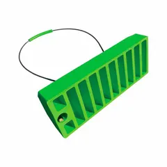 Urethane aircraft wheel chock in green, measuring 20 inches overall length, 8 inches overall width, and 6 1/2 inches overall height. Includes one chock. Used to secure aircraft during ground operations, preventing unintended movement on tarmacs and in hangars.
