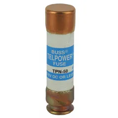 Fast-acting cylindrical fuse rated 50 A and 170 V DC. Part of the TPN Series. Used for overcurrent protection in DC power systems, such as telecommunications equipment.