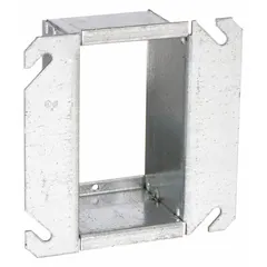 Steel plaster ring with a raised cover design, 2-inch raised height, and overall dimensions of 4 by 4 by 2 inches. Used to extend electrical boxes to finished wall surfaces for flush mounting of switches and receptacles.