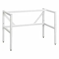 This stationary base stand provides a stable elevated platform for laboratory equipment. Constructed with white powder-coated steel, it measures 38 1/2 in wide and 34 1/2 in high. Suitable for supporting fume hoods or biosafety cabinets in lab settings.