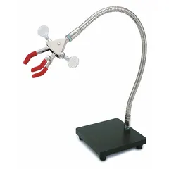 This lab clamp is part of the Flex System, designed for secure holding of laboratory apparatus such as flasks, tubing, or sensors. It features a nickel-plated finish for corrosion resistance and allows easy repositioning without tools. Overall length 5 in, overall height 5 in, base length 5 in.