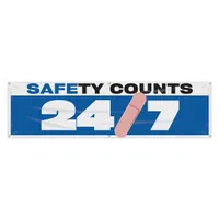 This safety banner is made of poly sheeting and is suitable for indoor and outdoor use. It measures 28 inches by 96 inches and is printed on one side. The banner does not include wind slits. It is commonly used to display safety messages in industrial facilities, warehouses, and construction sites