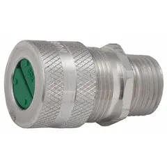 Straight metallic cable grip with 3/4 in MNPT box connection for securing cords 0.50 in to 0.63 in diameter. Silver aluminum body with brown color-coded grommet. Rated Class III, Division 1 & 2 for hazardous locations such as textile mills or woodworking facilities.