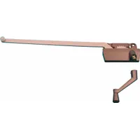 This left-hand surface-mount crank window operator is designed for casement windows. It includes a crank handle and features a bronze-coated brown finish with a 3-inch base length. The operator enables manual opening and closing of outward-swinging windows