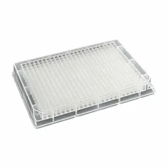 Polypropylene deep well plate with 384 square wells, each 0.12 mL volume and 3.6 mm diameter. Colorless, RNase/DNase free. Used for high-throughput sample storage, processing, and assay workflows in life science and pharmaceutical laboratories.