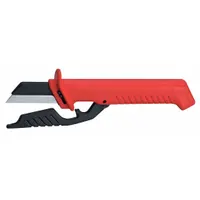 Insulated straight-blade wire-stripping knife with a 2 in steel blade for stripping insulation from 6 to 8 in diameter cable. Features a replaceable blade and an ergonomic plastic handle. Suitable for electricians and maintenance technicians working on industrial wiring and control panels